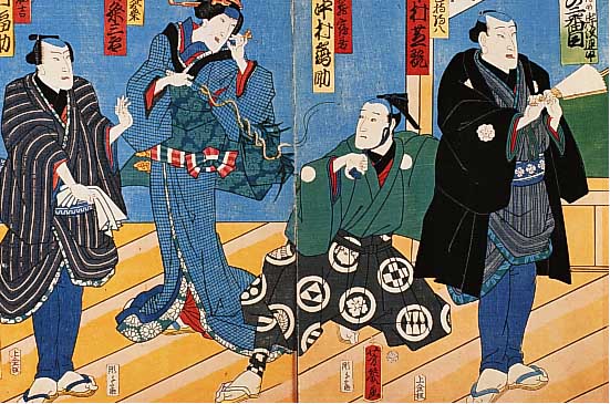 Dyptischon, Japan, um 1830, Boninya, Darst. v. Schauspielern, Maáe je 36 x 24 cm, min. Alterssp.