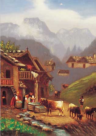 Wolff, H., deutsch, 1841 Detmold/München, zwei Pendants mit Alpenmotiven, 1 x vor dem Bergbauernhof, 1 x Hirte betend vor dem Mar- terl, Öl ...