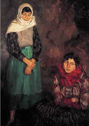 MüNCHNER MALEREI UM 1910, ZWEI ZIGEUNERINNEN, ÖL/LWD./PAPPE, ALTE WASSERSCHäDEN, UNSIGNIERT, 108 X 87 CM, RAHMEN