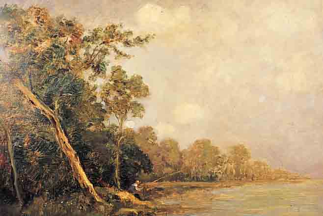 ZUSCHREIBUNG: TROUILLEBERT, PAUL DéSIRé, GEB. 1829 PARIS, GEST. 1900 IN PARIS, STIMMUNGSVOLLE SEEUFERLANDSCHAFT MIT ANGLER, ÖL/LWD, ...