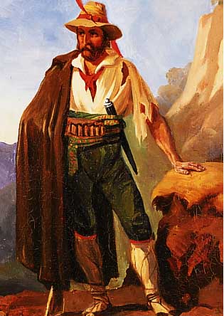 Unbek. Künstler, Ende 19.Jh., Jäger oder Freiheitskämpfer mit Schärpe, Dolch u. Gewehr,vor alpiner Kulisse, Öl/Lwd., unsign., verso bez., ...