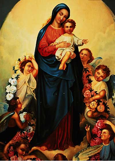 Unbek. Knstler des 19. Jh., Stehende Madon-na mit dem Christusknaben, umgeben von Engeln,die eine Bltengirlande tragen, sehr feine Malerei, ...