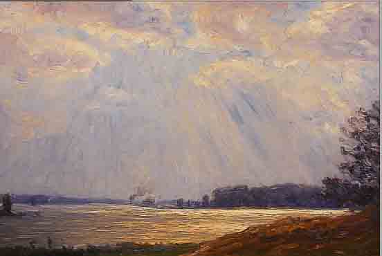 JOBLONSKI, MAX, 1879-1958, SONNENGLANZ, WEITE LANDSCHAFT AM SEE, ÖL/LWD, LI. U. SIGN., UND DAT. 1913, CA. 36 X 48 CM