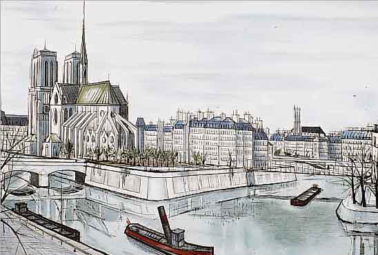 BUFFET, BERNARD, NOTRE DAME ET LA CITé, FARBRADIERUNG AUF ARCHES-BüTTEN, ED. MAGUI FRANKREICH 1985, HANDSIGN., NUM. EA 12/25, CA.60 X 43 CM