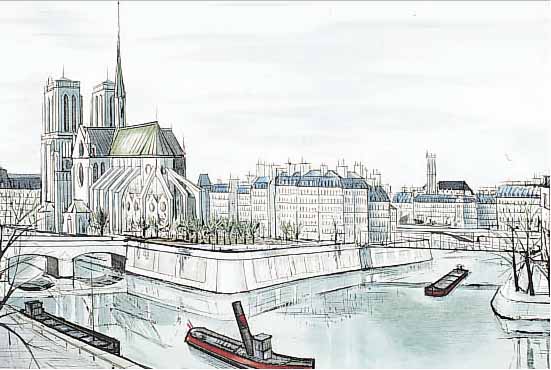 BUFFET, BERNARD, NOTRE DAME ET LA CITé, FARBRADIERUNG AUF ARCHES-BüTTEN, ED. MAGUI FRANKREICH 1985, HANDSIGN., NUM. EA 16/25, CA.60 X 43 CM