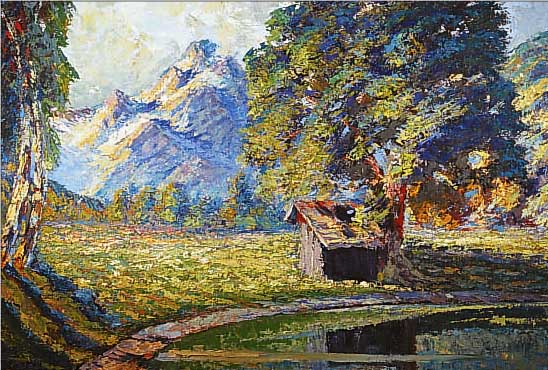 WINTER, A.  GEBIRGSLANDSCHAFT MIT BAUMBESTANDENEM SEEUFER,ÖL/LWD, RE. U. SIGN., VERSO BEZ.: ALLGäU, ...