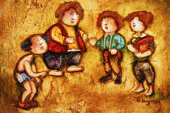 Honngwei He, geb. 1971 Mongolei, Kinderszene, Acryl/Lwd, re. u. sign., ca. 52 x 61 cm, R.