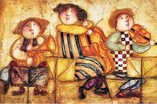 Honngwei He, geb. 1971 Mongolei, Kinderszene, Acryl/Lwd, re. u. sign., ca. 52 x 61 cm, R.