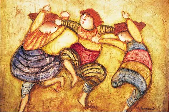 Honngwei He, geb. 1971 Mongolei, Kinderszene, Acryl/Lwd, re. u. sign., ca. 52 x 61 cm, R., sollte neu verspannt werden
