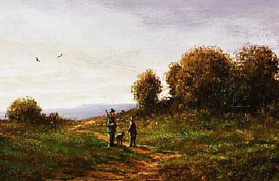 Wege, Dieter, Stuttgarter Maler, J„ger und Spazierg„nger in weiter Landschaft, ™l/Holz, li. u. sign., ca. 8 x 16,5 cm, R.
