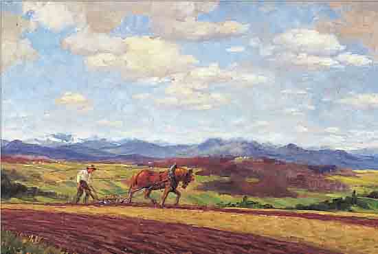 MAYER, H., DEUTSCHER MALER DES 20. JH., PFLüGENDER BAUER IN WEITER LANDSCHAFT, ÖL/ HOLZ, CA. 32 X 47 CM, R., DIESER BESCH.