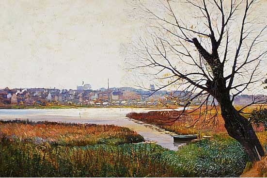 Engelfelt, E., dänischer Maler, um 1910, Flussauenlandschaft mit Blick auf eine Stadt, Öl/Lwd, re. u. sign., ca. 43 x 60 cm, R.