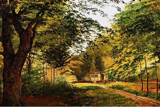 Trolle, H., d„nischer Maler der Jahrhundert- wende, Bauernhaus auf einer Waldlichtung, ™l/Lwd, re. u. sign., ca. 28 x 37 cm, R.