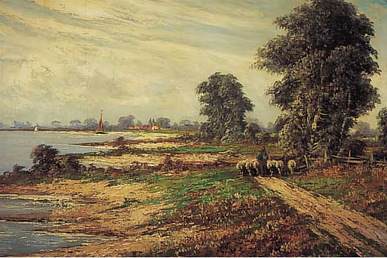 Reuter, H.,  Hirte mit Schafherde am Rhein, Öl/Ld, re. u. sign., ca. 60 x 80 cm, R.