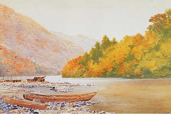 Watanabe, T.H., japanischer Maler des 19./20. Jh., Flussuferlandschaft mit Kähnen, Aqua- rell auf Papier, re. u. sign. und dat. 1906, ca. 34 x 50 ...