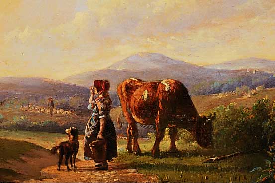 Zuschreibung: Margarethe van de Poll, 1872 Dordrecht-1966 Zeist, Bauernm„dchen mit Kuh und Hund vor weiter hgeliger Landschaft, ...