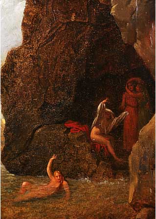 Unbekannter Künstler, wohl Italien/Schweiz, 2. Hälfte 19. Jh., Grottenbad, im Vorder- grund, Badende im Wasser, an der Treppe eine sich ...