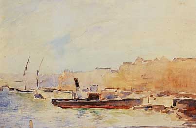 Theynet, Max, Robert, 1870 - 1949, Aquarell, Geneve, Hafendarstellung mit Schif- fen, signiert u. bez., 22 x 29 cm, unter Glas,Rahmen l. ...