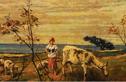Unbekannter Künstler, Italien, um 1900/20, Hirtin mit Tieren, Öl/Pappe, Altersschäden, Farbaufwerfungen, 33 x 50 cm, Rahmen l. besch.