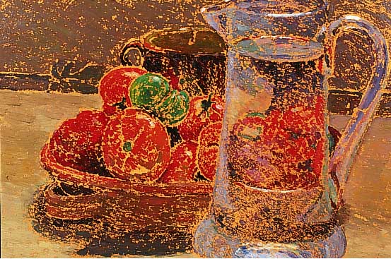 Fleuron, woh.l franz. Maler, um 1900, Stilleben mit Obst, Wasserkrug und Schale, Öl/Mappen, Untergrund z.T. stehengelassen, ...