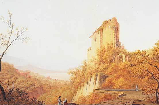 Unbekannter Maler, wohl Österreich, um 1930-40 idealisierte Landschaft mit Ruine und Per- sonenstaffage, Aquarell/Papier, ca. 47 x 60 cm, PP, ...