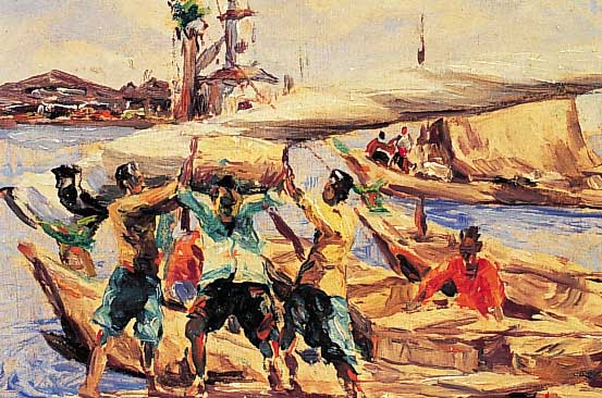 Kampail, niederländischer Maler, Hafenszene in Indonesien, Öl/Lwd, re. u. sign., ca. 26 x 36 cm, R.