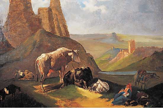 Hackensellner, C., Maler des 19. Jh., rastende Familie mit Vieh in bergiger Land- schaft mit Burgen und Fluß, Öl/Lwd, re. u. sign. und ...