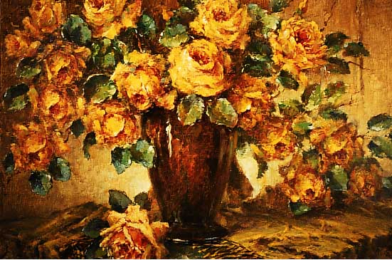 Bode, Adolf, Offenbach 1904-1970 Offenbach, Stilleben mit gelben Rosen, ™l/Lwd, re. u. signiert, ca. 80 x 100 cm, R., Loch im Bild
