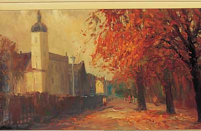 HODR, KAREL, GEB. 1910 PRAG, DORFANSICHT MITKIRCHE UND SPAZIERGäNGERN IM HERBST, ÖL/LWD, LI. U. SIGN., CA. 30 X 60 CM, R.