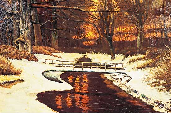 HOPPE, W., WINTERLANDSCHAFT MIT STEG üBER EINEN BACH, ÖL/SPANPLATTE, RE. U. SIGN., CA. 51,5 X 69,5CM
