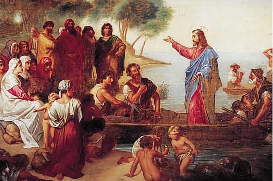 Unbekannter Künstler aus der Zeit um 1860, Jesus am See Genezereth, Öl/Lwd, unsigniert, leichte Abriebspuren, ca. 70 x 100 cm, R.