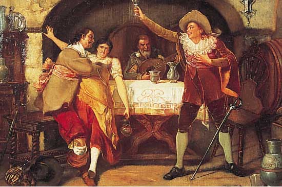 Kienböck, R., Maler Ende 19. Jh., Wirtshausszenerie mit drei Männern und junger Frau, Öl/Lwd., signiert, dat. 90, 35 x 42 cm, Rahmen