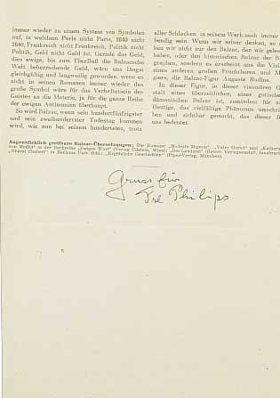 Hesse, Hermann, 1877-1962, Sonderdruck 2 seitig "Balzac", mit handgeschr.Gruß, anbei Kuvert