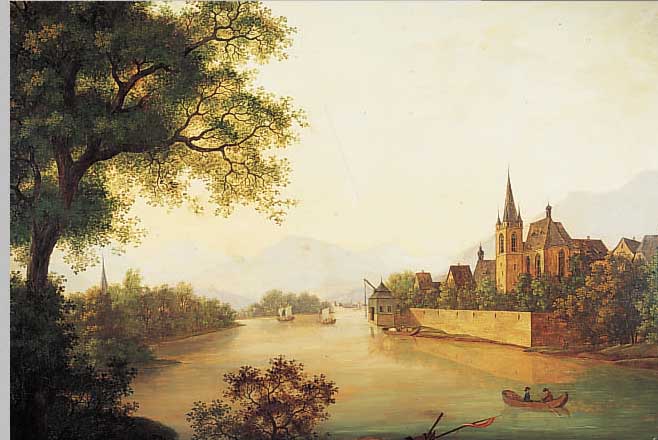 Dombeck, deutscher, um 1820-80, Öl/Lwd., weite Flußlandschaft vor Gebirge, im Vordergrund Fischer- u. Ruderboote mit Perso- ...