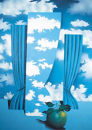 Reuter, K., zeitgenössischer Maler, Blick- winkel, nach Magritte, Acryl/Lwd, re. u. sign.ca. 100 x 80 cm, R.