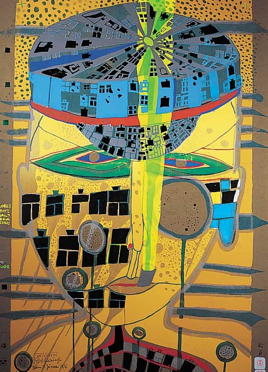 Hundertwasser, Friedensreich, * 1928, Farbserigraphie mit Metallprägung, Ohne of the fire Seamen, Blatt LVX/LXXXVII, handsign. und dat. 7. ...