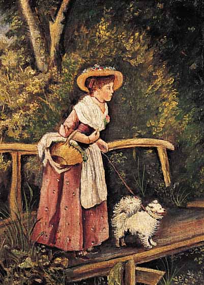 UNBEK. KüNSTLER UM 1900, JUNGE DAME MIT SPITZ AUF EINER HOLZBRüCKE, ÖL/LWD., UNSIGN., 45 X 35,5 CM, R.