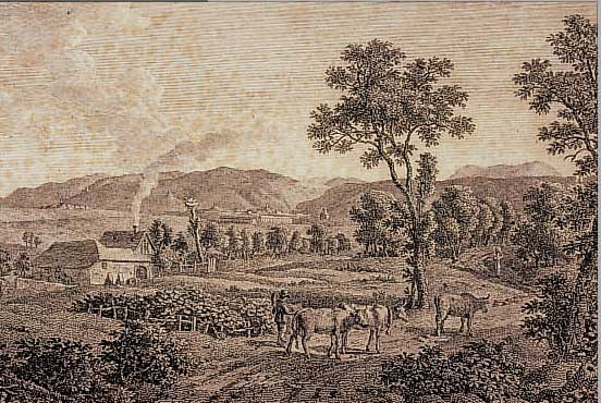KUPFERSTICH, ANSICHT DES HAARDTGEBIRGS BEI DüRKHEIM, GESTOCHEN VON ROUX, L. STOCK- FLECKIG, 14.5 X 21 CM, UNTER GLAS, R.