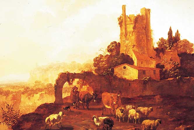 Begeyn, Abraham, geb. 1637 Leiden - 1697, italienische Landschaft mit einer großen Ruinerechts, auf einem Weg im Vordergund ein Hirte mit ...