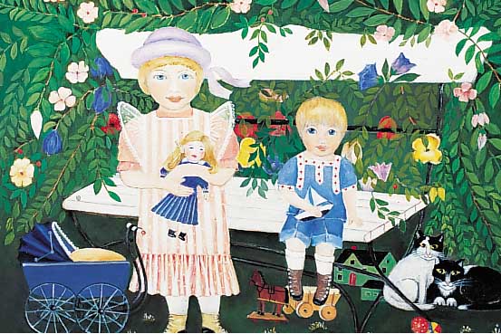 Kluth, Erika, * 1920 Berlin, bekannte naive Künstlerin, beteiligte sich an zahlreichen Ausst., hier: Gartenidylle, Geschwisterpaar mit ...