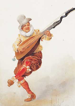 Lelois, Louis, 1843 Paris-1884, übermalte Lithographie, Narr mit großer Laute, re. u. sign. und dat. 1880, ca. 21 x 14,5 cm, u.Gl.,R