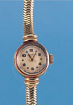 LONGINES DAMENGOLDBANDUHR, REF.-NR. 7828161,SCHWEIZ UM 1948, GG 750/000, GG-GEH. INCL. SCHLAGENGLIEDERBAND, BODEN GEDR., VERS. BLATT,ZUM RAND L. ...