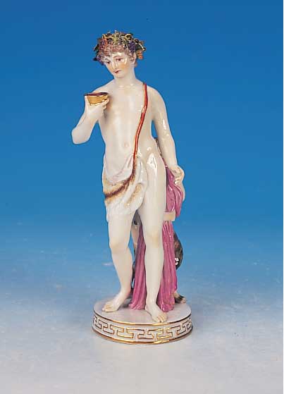 Porzellanfigur, Meissen, um 1870, 2. Wahl, Bacchusfigur mit kleinem Faun, bunt bemalt, H. ca. 19,5 cm, leicht rest.