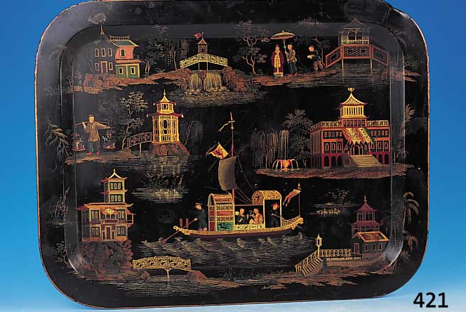 Tablett, Russland, um 1860, Metall mit Schwarzlack, bunt bemalt mit Personen und Pagoden, ca. 61 x 48 cm, eine Ecke verbeult, ...
