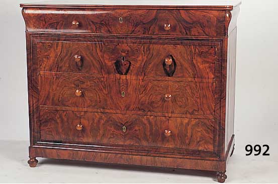 Schreibkommode, deutsch, um 1870-80, Nußbaumwurzelfurnier gespiegelt, oberer Schub mit vier kleinen Schubladen, ein ...