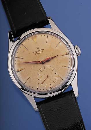 ZENITH Herrenarmbanduhr Modell Pilot, Ref.- Nr. 9345606, Schweiz um 1958, Edelstahlb. ge- schr., Blatt altersbed. farbl. get., Lederbandspäter, ...