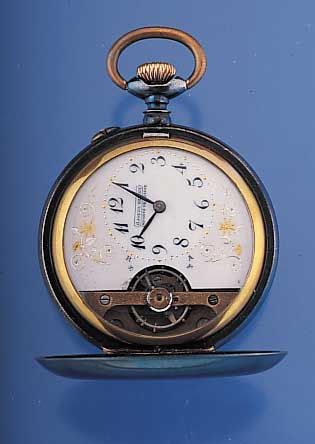 Savonetteherrentaschenuhr 8-Tagewerk, Schweiz um 1918, Stahl gebl., Roseemailbl., fein haarrissig, Gold- u. Silber-Piquearbeit, Schwungber. ...