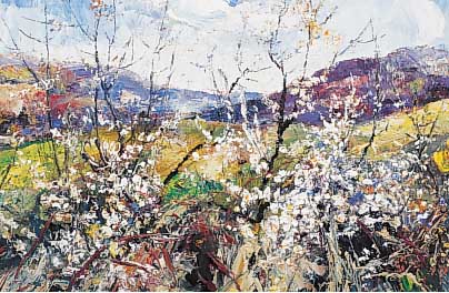 Szpinger, Aexander von, geb. 1889, Blühende Büsche vor weiter Landschaft, Öl/ Papier, re. u. sign., ca. 33 x 45 cm, PP, u.Gl., R.