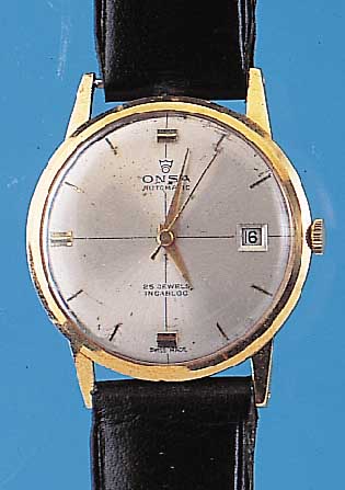 ONSA Herrenarmbanduhr, GG 750/000, um 1960, m. Zentralsek. u. Datum, Boden gedr., ETA Kal.2454, 25 St., Incabl. stoßges., Schr.-Unr., Lederbd., ...