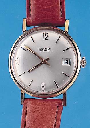 GARRAD Herrenarmbanduhr, engl. RG 9 kt-Geh.,um 1965, schw. Kontrastzifferbl., Boden gedr.,Zentralsek., Dat., Basiskal. ETA (reserviert für ...